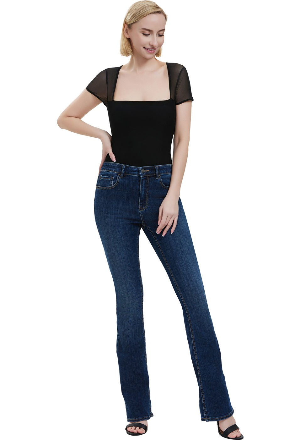 Kimi + Kai Women's Square Neck Sheer Sleeve Bodysuit Top