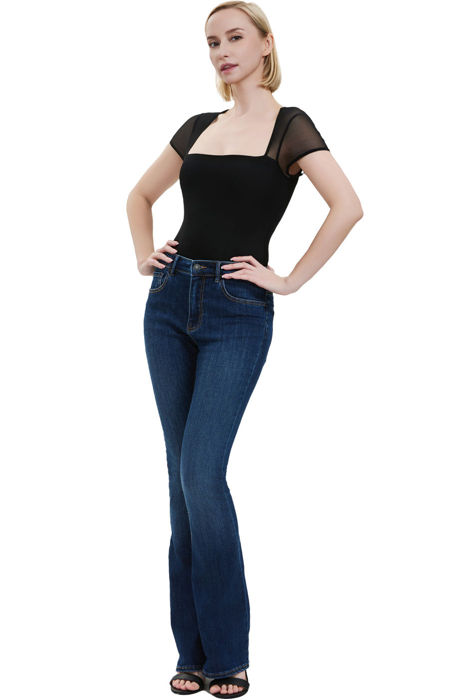 Kimi + Kai Women's Square Neck Sheer Sleeve Bodysuit Top