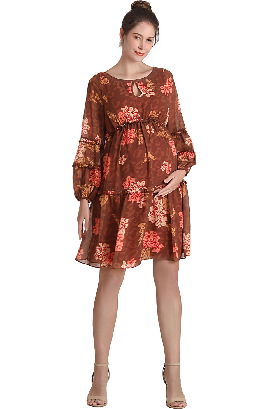 silk chiffon maternity dress Salmon Leaf Print Chiffon V-Neck Front Slit Maternity Dress PinkBlush