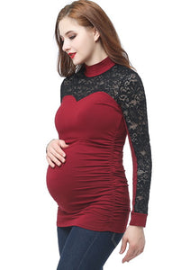 Kimi + Kai Maternity "Faye" Mock Neck Lace Panel Top