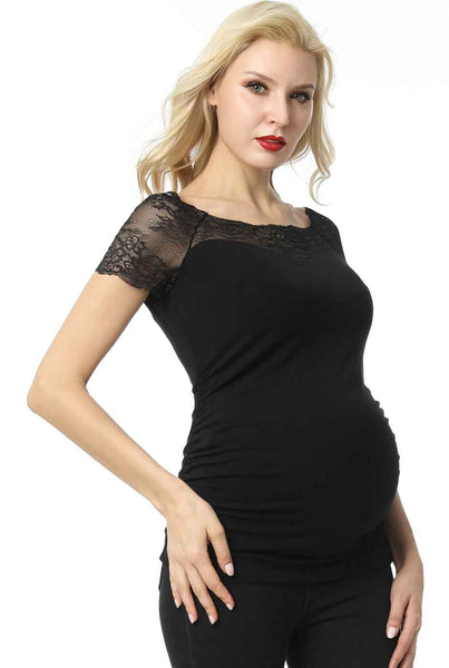 Kimi + Kai Maternity "Valerie" Lace Shoulder Ruched Top