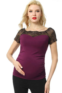 Kimi + Kai Maternity "Valerie" Lace Shoulder Ruched Top