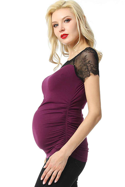 Kimi + Kai Maternity "Valerie" Lace Shoulder Ruched Top