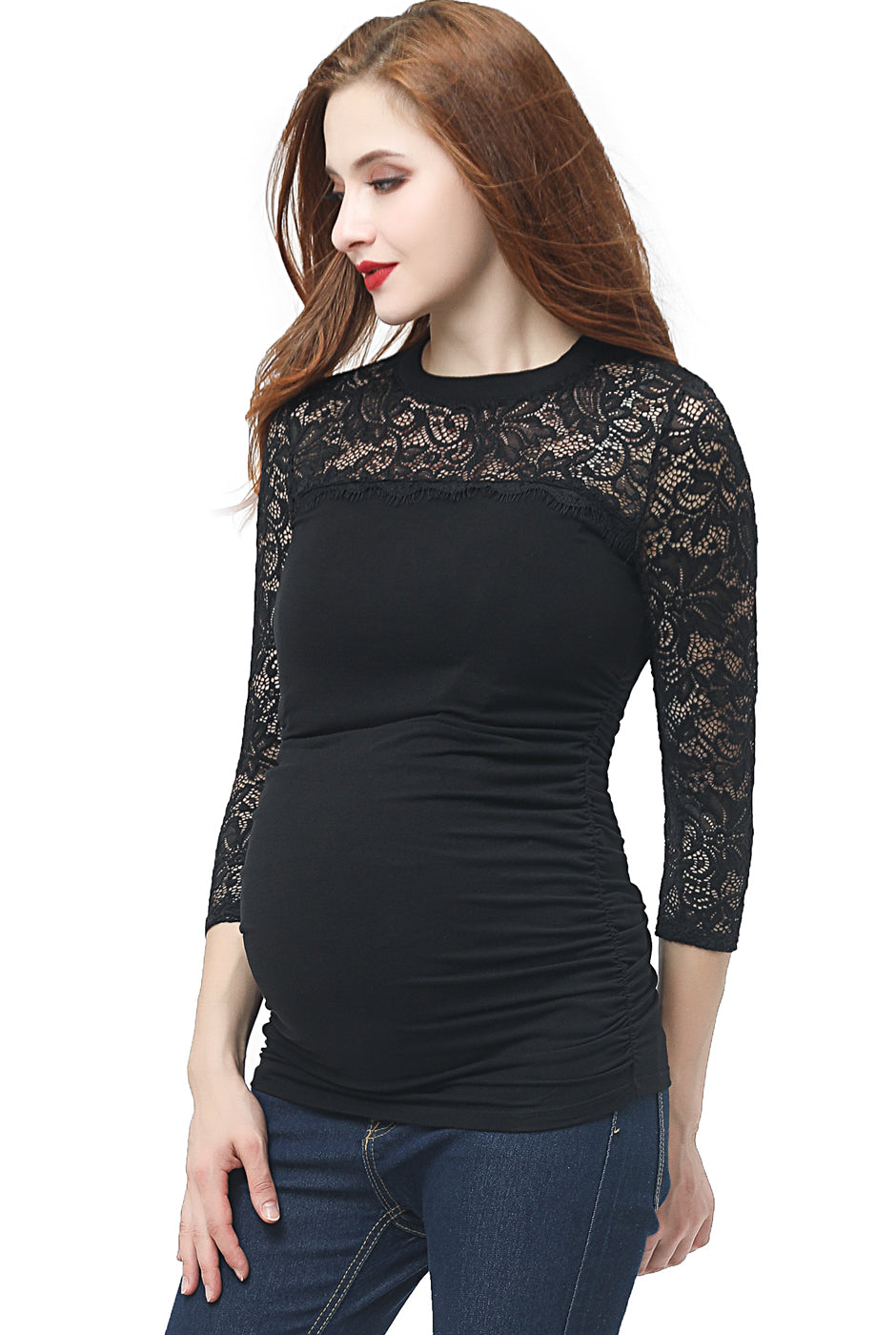 Kimi + Kai Maternity "Rainey" Ruched Lace Accent Top