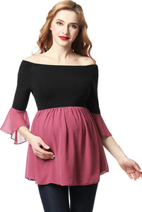 Kimi + Kai Maternity "Kylie" Off the Shoulder Color Block Top