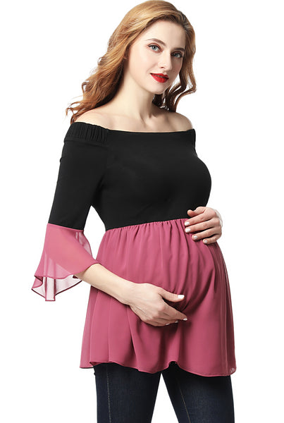 Kimi + Kai Maternity "Kylie" Off the Shoulder Color Block Top