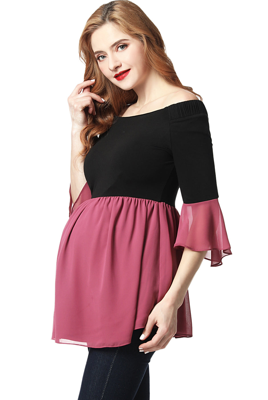 Kimi + Kai Maternity "Kylie" Off the Shoulder Color Block Top
