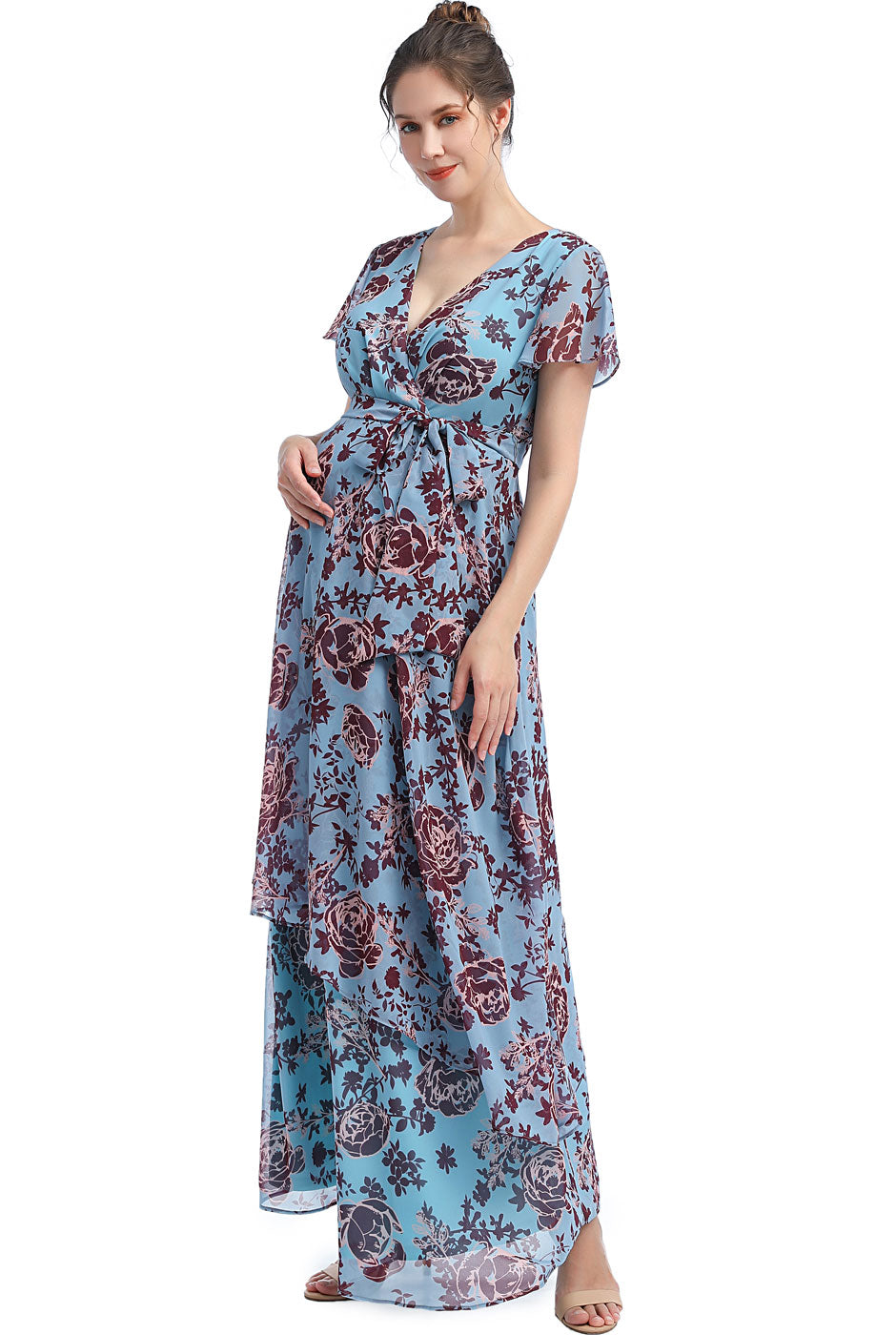 Kimi + Kai Maternity "Elisa" Faux Wrap Chiffon Maxi Dress