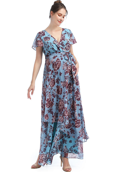 Kimi + Kai Maternity "Elisa" Faux Wrap Chiffon Maxi Dress