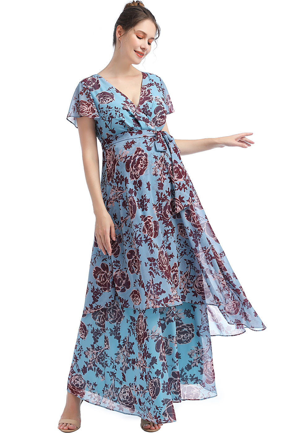Kimi + Kai Maternity "Elisa" Faux Wrap Chiffon Maxi Dress