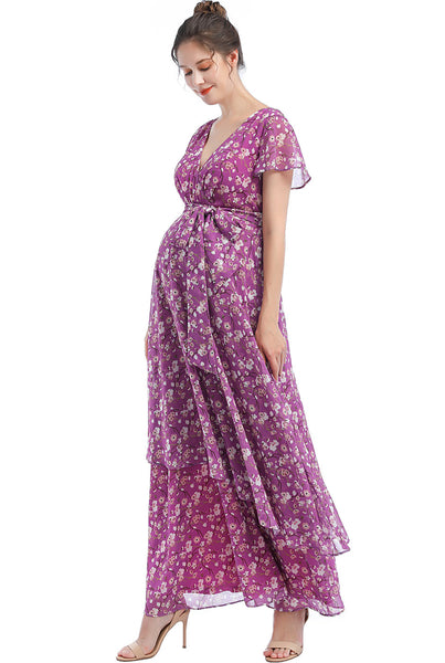 Kimi + Kai Maternity "Jolene" Faux Wrap Chiffon Maxi Dress