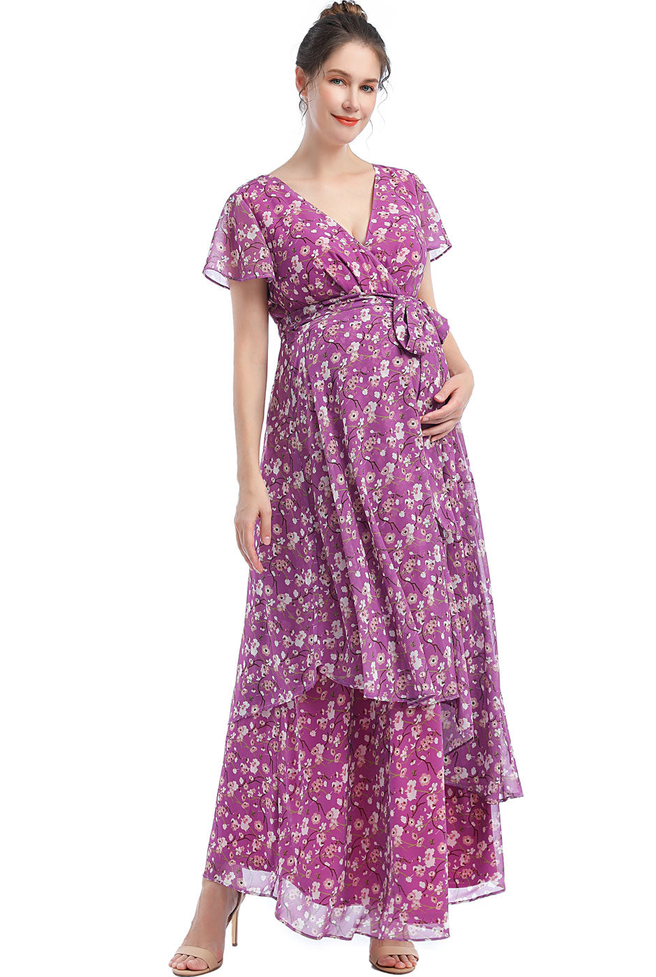 Kimi + Kai Maternity "Jolene" Faux Wrap Chiffon Maxi Dress