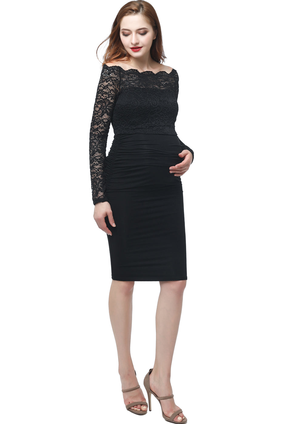 black lace maternity dress Overlay Long Sleeve Fitted Midi PinkBlush This is one of our clients favorite dresses in our maternity gown boutique for maternity photoshoots and formal dresses for baby showers Isabelle Lace Maternity Dress in