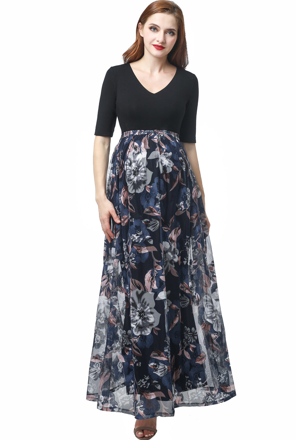 Kimi + Kai Maternity "Annabelle" V-Neck Mesh Print Maxi Dress